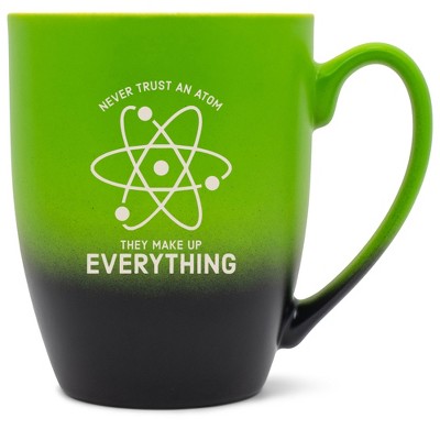 100 North Atom Design 10 Ounce Green and Black Two Toned Ombre, Comfortably Fits Your Hands, Ceramic Tea Coffee Cup Mug, Never Trust An Atom They Make