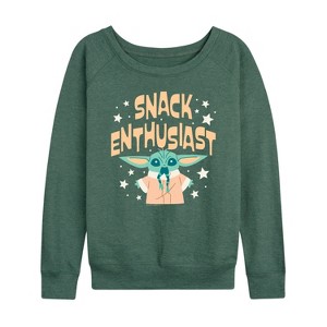 Women's - Star Wars - The Mandalorian Snack Enthusiast Grogu Lightweight French Terry Wide Neck Long Sleeve Graphic Shirt - 1 of 4