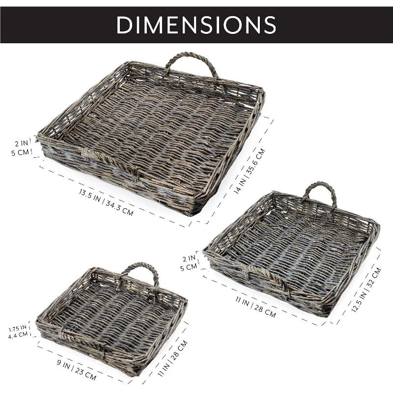 AuldHome Design Rustic Willow Basket Trays, Set of 3 (Square, Gray Washed); Natural Wicker Decorative Farmhouse Trays, 2 of 8