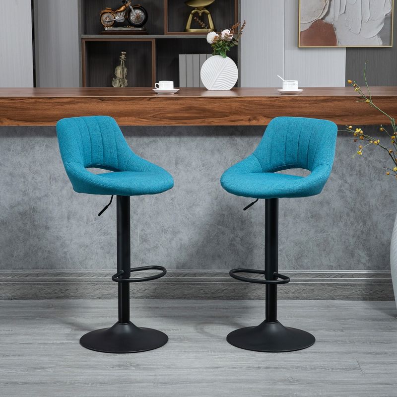 HOMCOM Modern Bar Stools Set of 4 Swivel Bar Height Barstools Chairs with Adjustable Height, Round Heavy Metal Base, and Footrest, Blue, 2 of 7