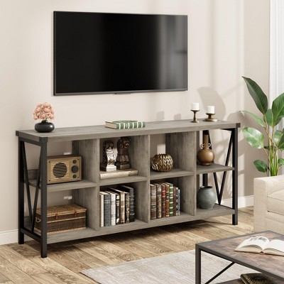 62" Industrial 8-Cube Storage Organizer with 3-Tier Metal Horizontal Bookcase – Long Low Console