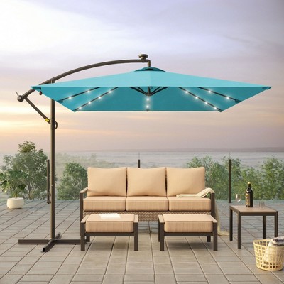 Sonkuki 8.2x8.2 FT Outdoor LED Solar Lighted Hanging Umbrella Patio Offset W/t Cross Fade-resistant, 360° Rotation