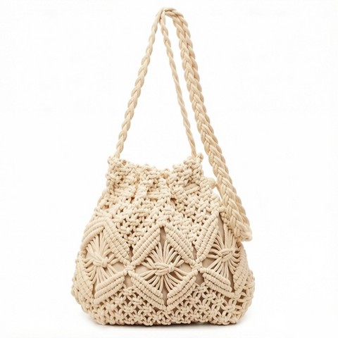Сумки Alilang Macrame Bucket Bag Knotted Rope Handbag Drawstring Shoulder Bag Textured Woven Crossbody Style Lightweight Boho Purse - Light Beige