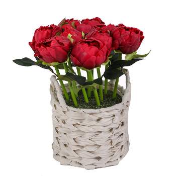 10" Artificial Red Peony Arrangement in Basket - National Tree Company