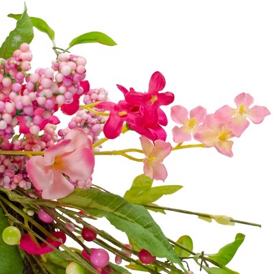 Pink and White Artificial Geranium Floral Wreath with Green Foliage - 18-Inch