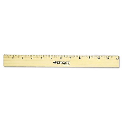 Westcott Flat Wood Ruler w/Two Double Brass Edges 12" Clear Lacquer Finish 05221