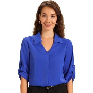 INSPIRE CHIC Women's V Neck Turndown Collar Roll's 3/4 Sleeve Flowy Pleated Tunic Shirt - 1 of 4