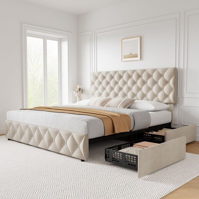 coucheta King Bed Frame with Headboard and 4 Storage Drawers, Upholstered  with Stitched Button Tufted,Beige