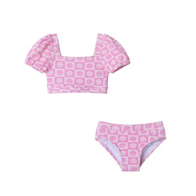 Andy & Evan  Toddler  Smiley Print Textured Puff Sleeve Bikini