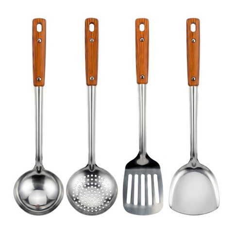 REGALWOVEN Stainless Steel Cooking Utensil Set Color Block Square Hole Kitchen Cooking Tools 4 Pcs Silver-Wood D