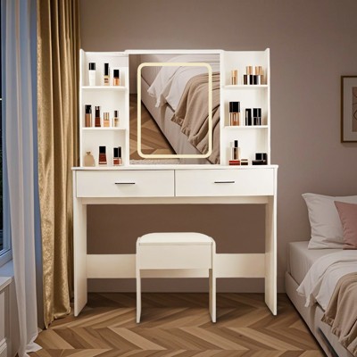 VYNXARIA Vanity Desk with Mirror and Lights, Makeup Vanity with 2 Drawers and 6 Storage Shelves, White