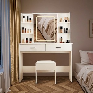 VYNXARIA Vanity Desk with Mirror and Lights, Makeup Vanity with 2 Drawers and 6 Storage Shelves, White - 1 of 4