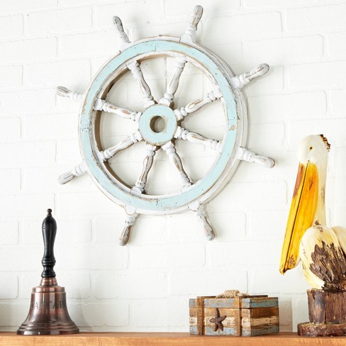 Wood Sail Boat Ship Wheel Wall Decor With Distressing Blue - Olivia & May :  Target