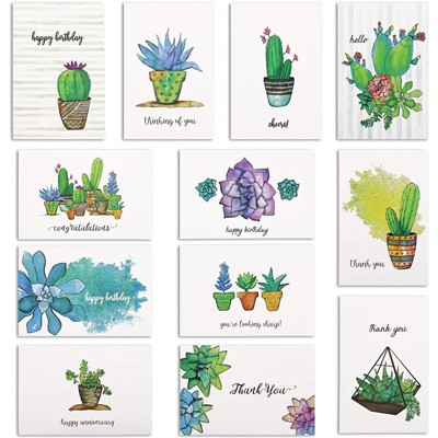 Sustainable Greetings 96-Pack Cactus Succulent Occasion Greeting Cards with Envelopes, 12 Designs, 4 x 6 in