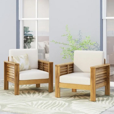 Outdoor Acacia Wood Patio Club Chair,Gray Fabric Upholstered Garden Club Chair,Lounge Armrests Chair WIth Adjustable Levelers-Coolbibila