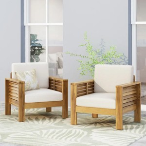 Outdoor Acacia Wood Patio Club Chair,Gray Fabric Upholstered Garden Club Chair,Lounge Armrests Chair WIth Adjustable Levelers-Coolbibila - 1 of 4