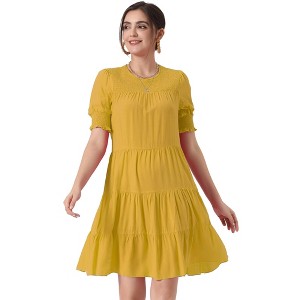 Allegra K Women's Round Neck Short Puff Sleeve Tiered Boho Smocked Dresses - 1 of 4