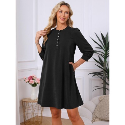 Женские платья INSPIRE CHIC Women's 3/4 Puff Sleeve Mini Dress Button Crewneck Elegant Casual Business Shift Dresses Medium Black — фото 4