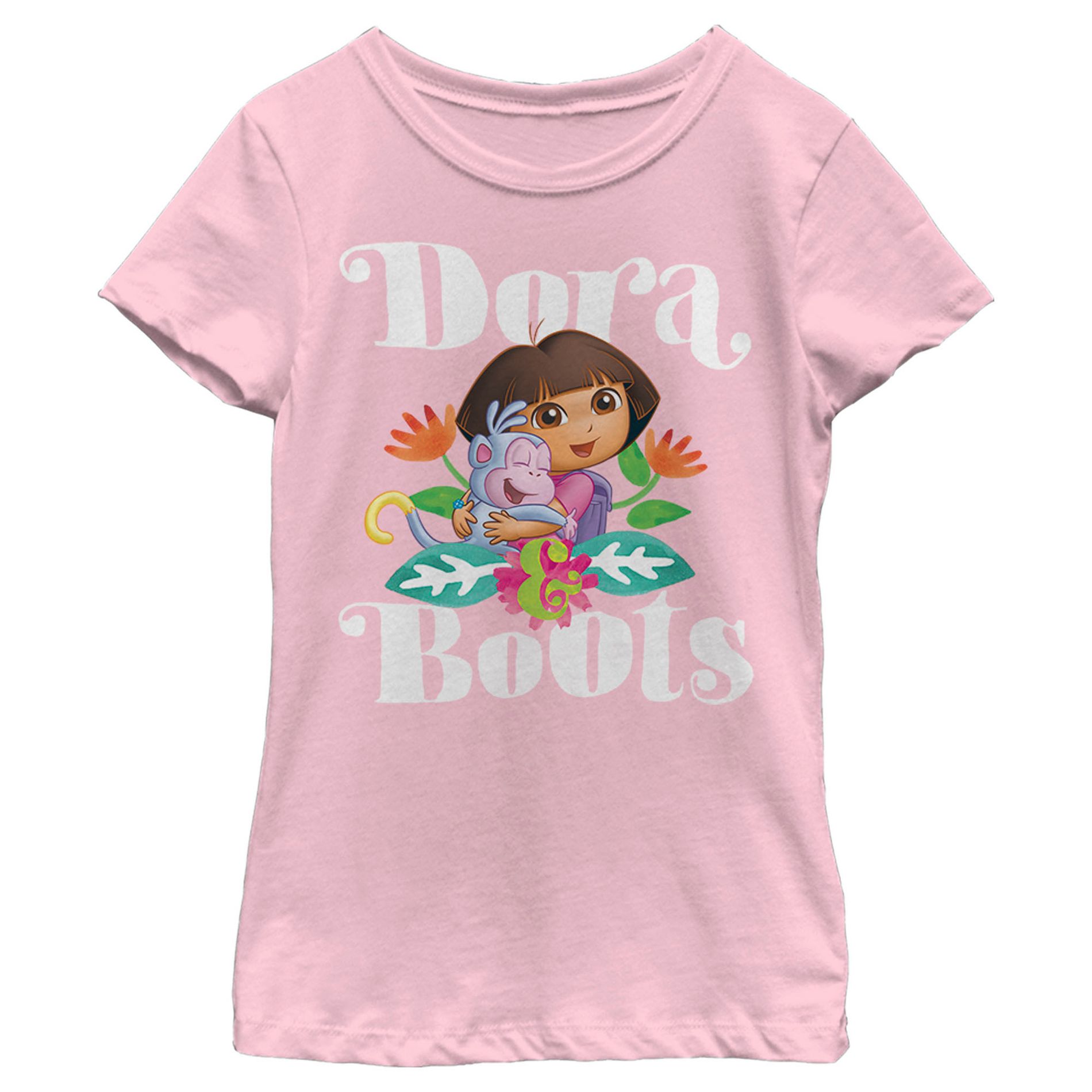 Girl's Dora the Explorer Hugging Dora and Boots  T-Shirt - Light Pink - Large