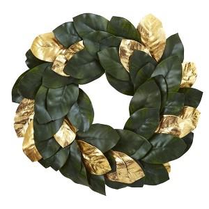 22" Artificial Magnolia Leaf Wreath Gold - Nearly Natural: Indoor Winter Decor - 1 of 3