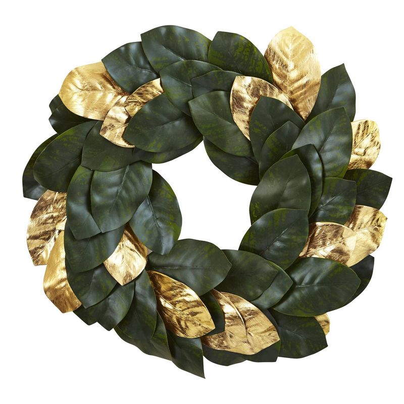 22&#34; Artificial Magnolia Leaf Wreath Gold - Nearly Natural, 1 of 5