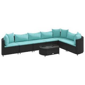 vidaXL Patio Sofa Set with Cushions Lounge Setting Outdoor Furniture Poly Rattan - Black and Blue 7-Piece - 1 of 4