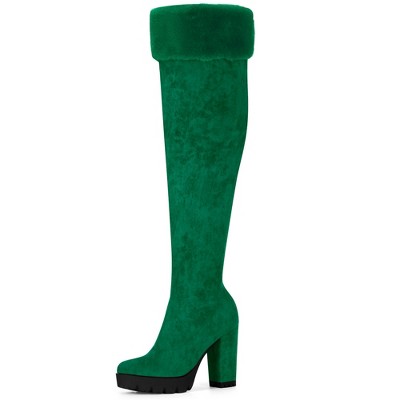 BLISSFUL STEP Women's Chunky Heel Platform Faux Fur Zipper Over Knee High Boots