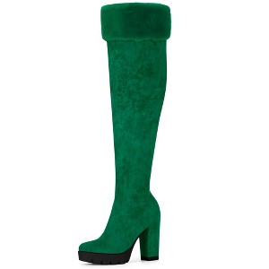BLISSFUL STEP Women's Chunky Heel Platform Faux Fur Zipper Over Knee High Boots - 1 of 4