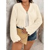 Coolmee Women's Plus Size Crochet Hollow Out Tie Front Long Sleeve Scallop Trim Crop Cardigan Sweater - 3 of 4