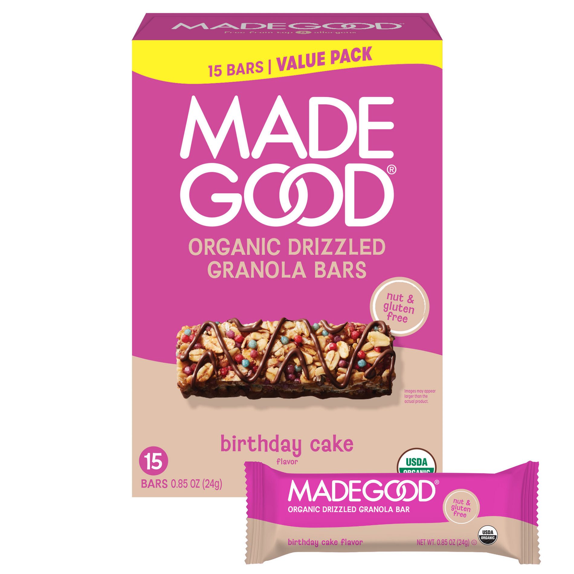 MadeGood Chocolate Drizzled Birthday Cake Granola Protein Bars Value Pack - 12.75oz/15ct