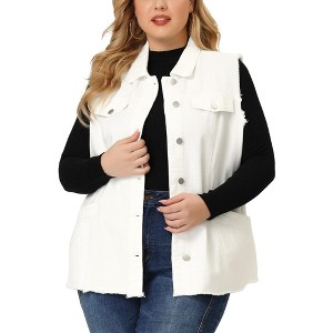 Agnes Orinda Women's Plus Size Button-Down Flat Lepel Denim Sleeveless Raw Hem Vests - 1 of 4
