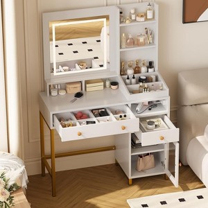 Makeup Vanity Desk with 3 Color Led Light, Makeup Vanity with Large Mirror and Power Outlet, Dressing Table with 2 Drawers White 55.9"H - 1 of 4