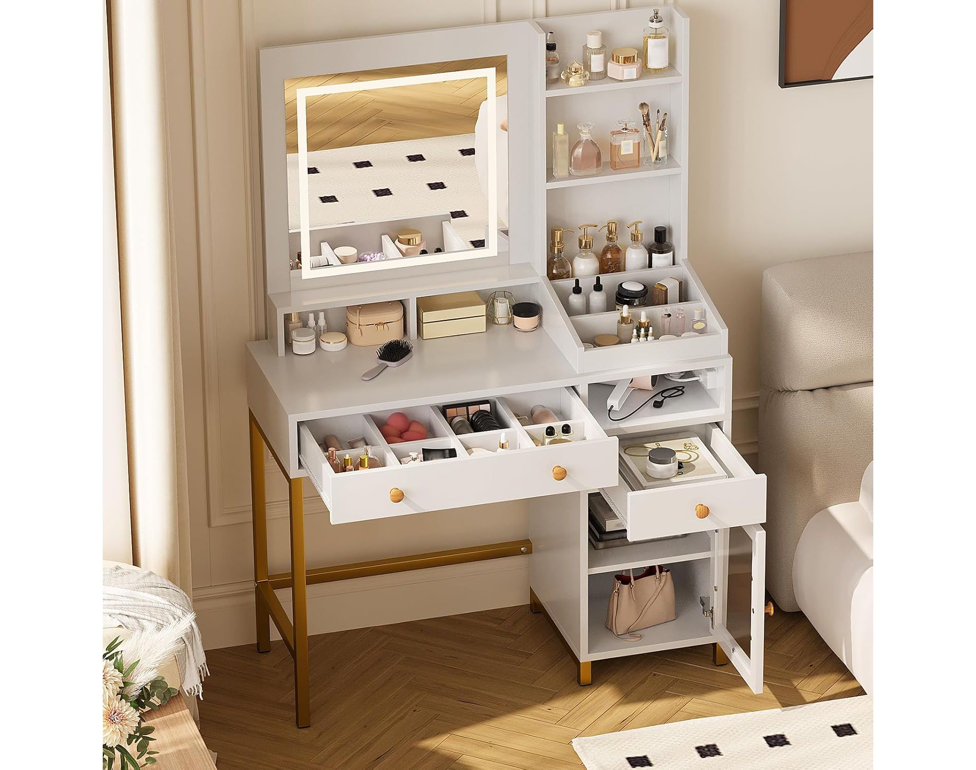 Makeup Vanity Desk with 3 Color Led Light, Makeup Vanity with Large Mirror and Power Outlet, Dressing Table with 2 Drawers White 55.9"H