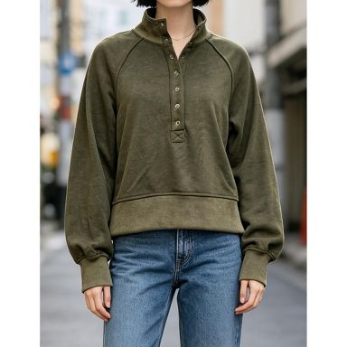 YESFASHION Women Half Button Stand Collar Sweatshirt, Washed
