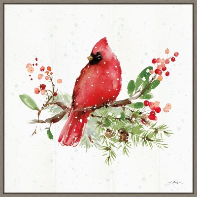 Red Bird and Greenery Christmas Canvas Wall Art in Grey Frame