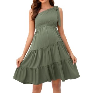 Coolmee Women's Summer Maternity Mini Dress One Shoulder Sleeveless Knot Short Dress Tiered Flowy Sundress - 1 of 4