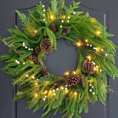 24 Inch Real Norfolk Pine Wreath with Lights Green Evergreen Outdoor Christmas Wreath Pine Cones and Berries
