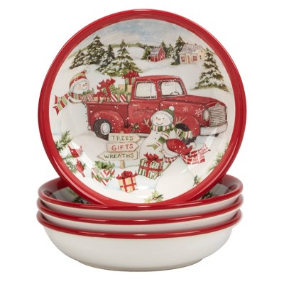 Set of 4 Red Truck Snowman Dining Soup Bowls - Certified International