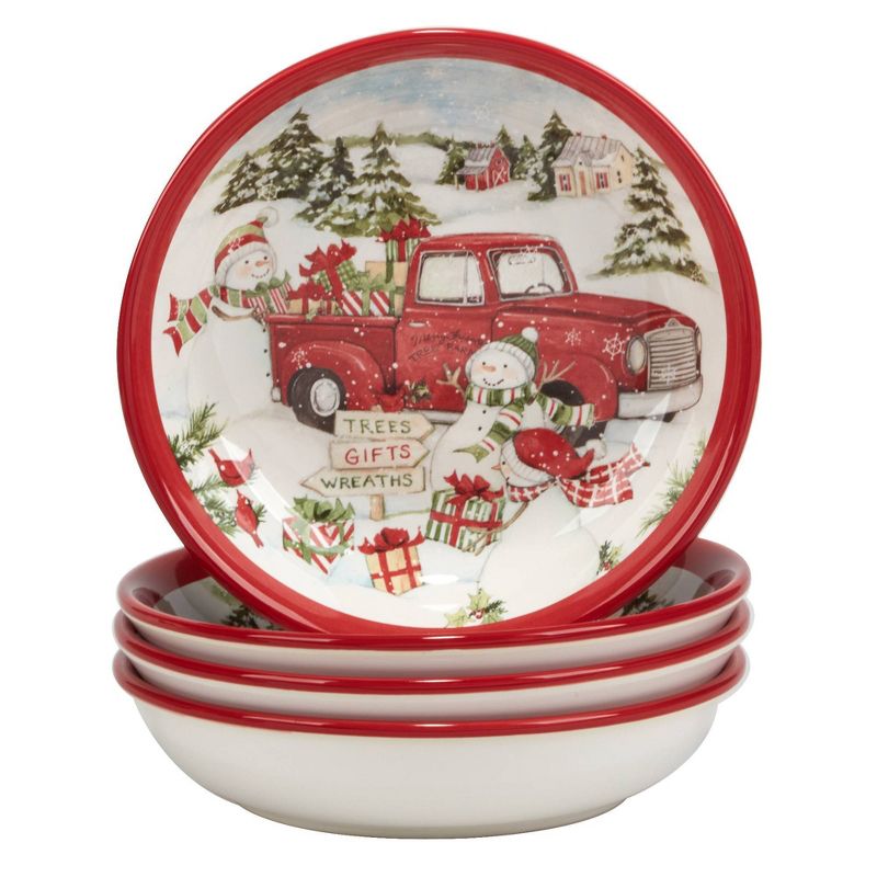 Set of 4 Red Truck Snowman Dining Soup Bowls - Certified International, 1 of 5