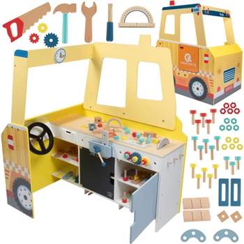 Svan Construction Truck Wooden Playset w 60+ Toy Pieces- Pretend Hammer Saw Bolts & Screws- Spinning Turn Saw, Steering Wheel & Wood to Saw Apart