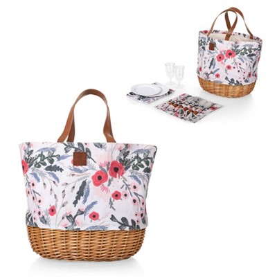 Floral Canvas and Willow Picnic Basket with Leatherette Strap