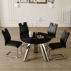 NicBex 5 PCS/7 PCS Dining Table Set,Round Dining Table with Black Sintered Stone Tabletop and 4/6 PU Chairs for Kitchen/Apartment - 1 of 4