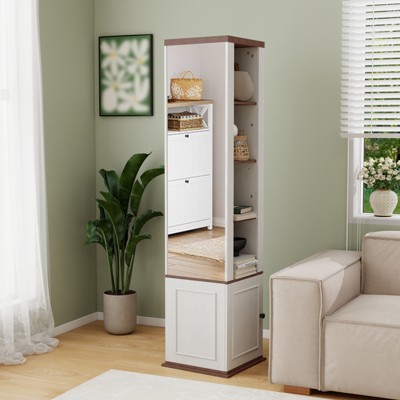360° Rotating Storage Cabinet with Full-Length Mirror, Swivel Full Body Mirror and Standing Bookshelf, Wood Display Cabinet for Living Room, Entryway