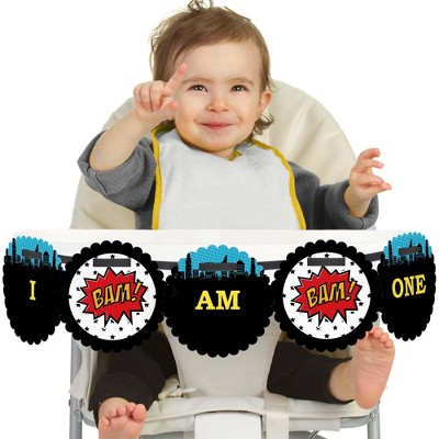 Big Dot of Happiness Bam Superhero 1st Birthday Highchair Decor - I Am One - First Birthday High Chair Banner