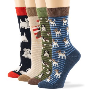 Women Cotton Calf Patterned Socks - 4 Pack - Coffee, Puppy, Flowers, Birds, Cat - Shoe Size 5-9 M, 8-12 L - Multicolors | 7BIGSTARS KINGDOM - 1 of 4