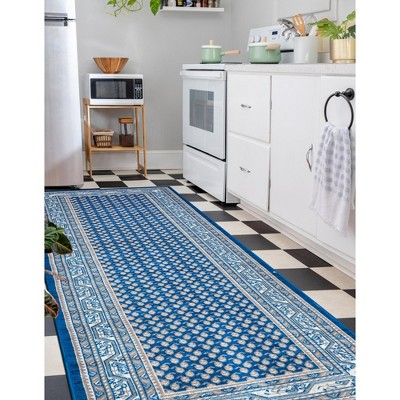 Blue Synthetic Flat Woven Stain-Resistant Runner Rug