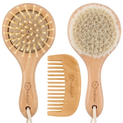Keababies Baby Round Hair Brush And Comb For Newborn 3-piece Set (Walnut)
