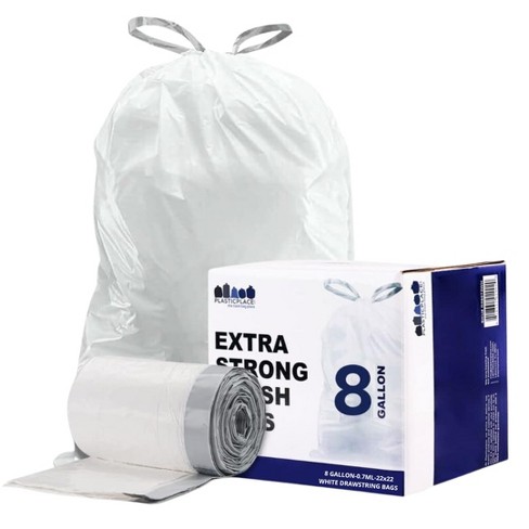 Plasticplace 8 Gallon Drawstring Trash Bags, White (100 count)