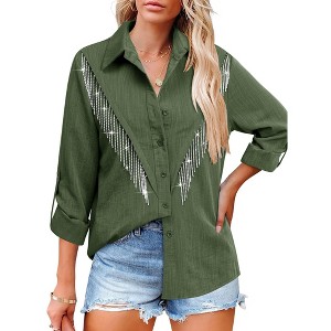 Nlife Womens Rhinestone Fringe Shirt Top Western Cowgirl Cowboy Rodeo Sparkly Tassel Long Sleeve Button Down Shirts Nashville Country Concert Outfit - 1 of 4