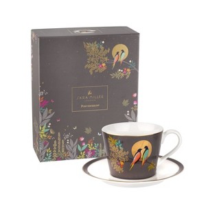 Sara Miller Chelsea 8oz Fine China Teacup & Saucer Set, Dark Grey with 22K Gold Rim - Elegant Afternoon Tea Cup with Love Bird Design - 1 of 4
